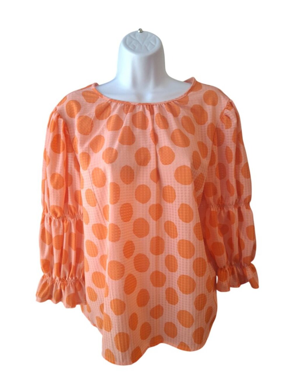 Who What Wear Womens M Orange Polka Dot Puff Sleeve Blouse Coquette Boho Tie